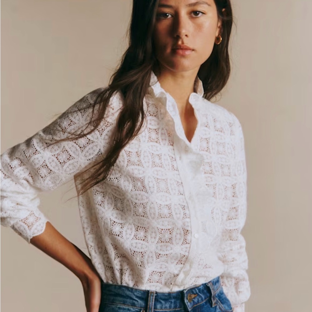 Sezane Chlo White Lace Crochet Button-Down Shirt
